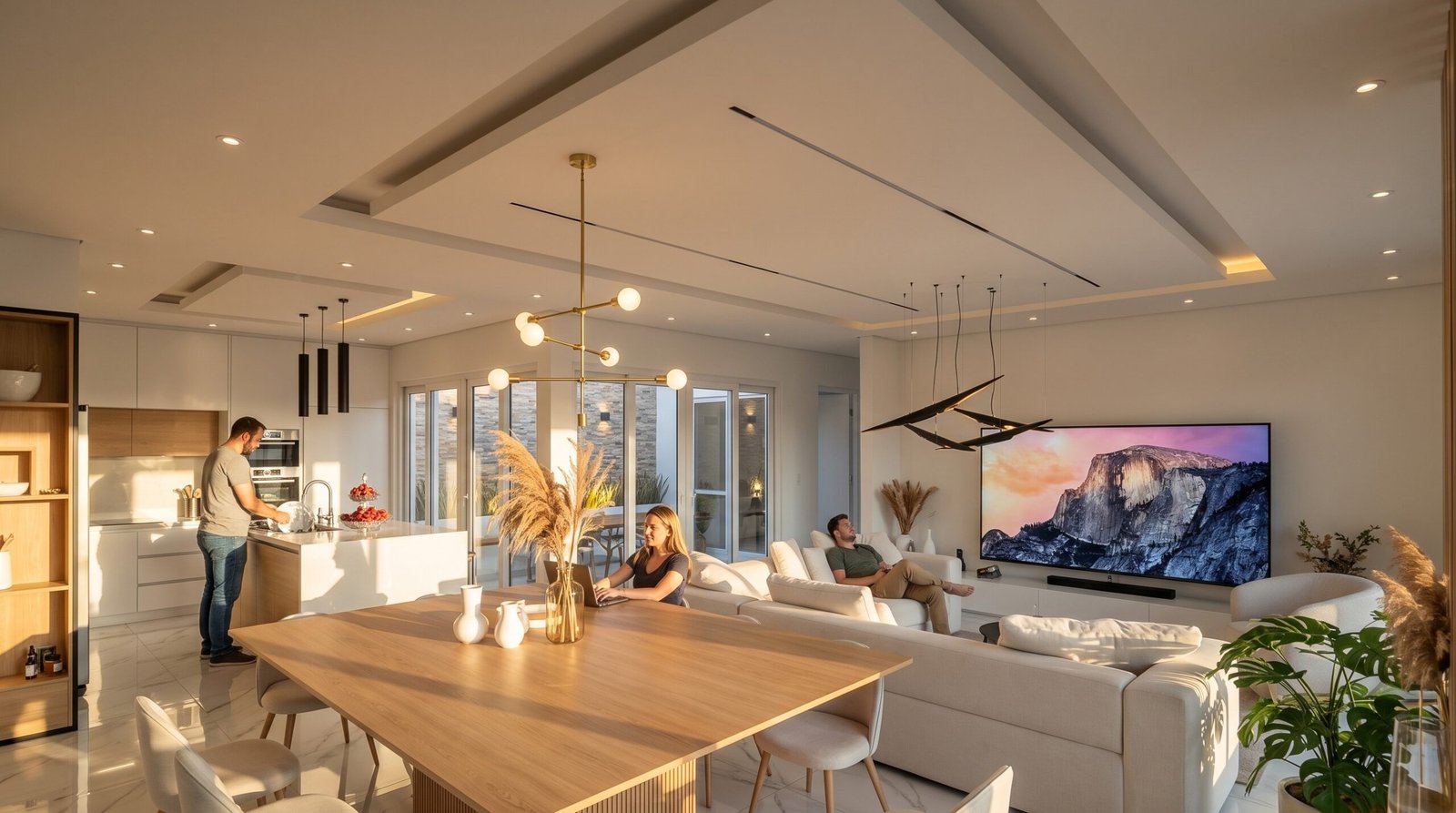 Casa Marq, render del living comedor con cocina integrada